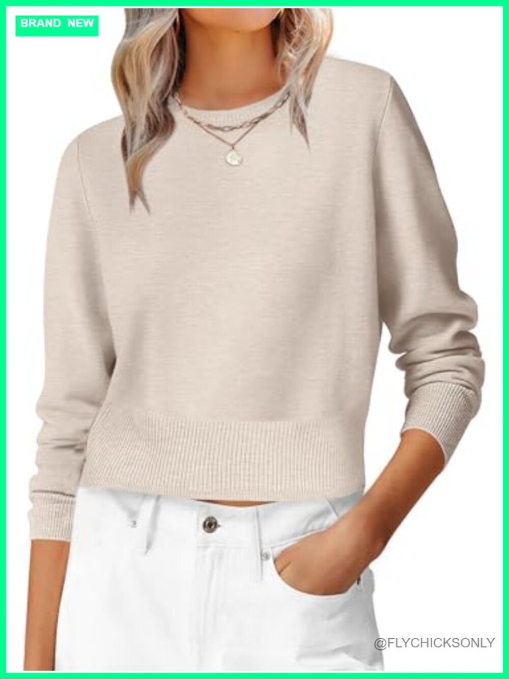 Women's Long Sleeve Cropped Crew Neck Ribbed Knit Sweater Pullover
